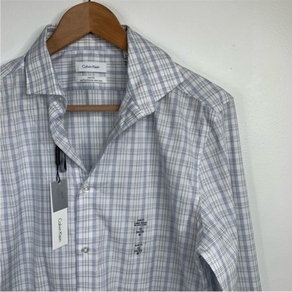 NWT Calvin Klein Button Down Shirt Mens‎ 15 34-35 Blue Plaid L/S 12786. - Picture 2 of 11